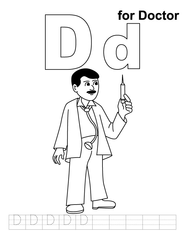 D for doctor coloring page with handwriting practice