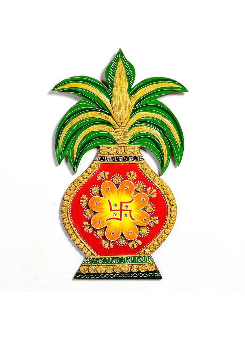Red, Green and Brown handcrafted Kalash made in wood and clay ...