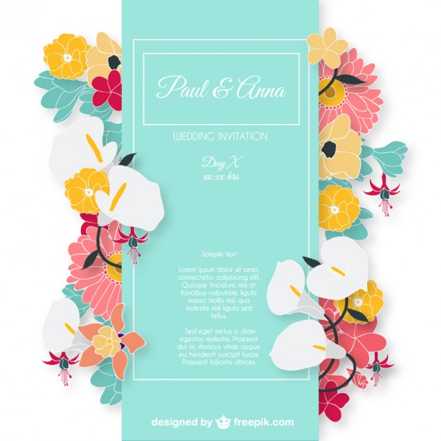 Wedding invitation card with colorful flowers Vector | Free Download