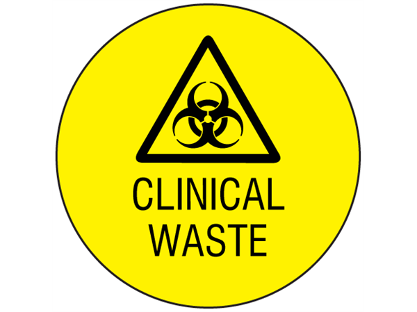 Clinical waste symbol and text safety label. | BLL060 | Label Source