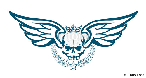 Vector monochrome tattoo or logo with crowned skull, wings, laurel ...