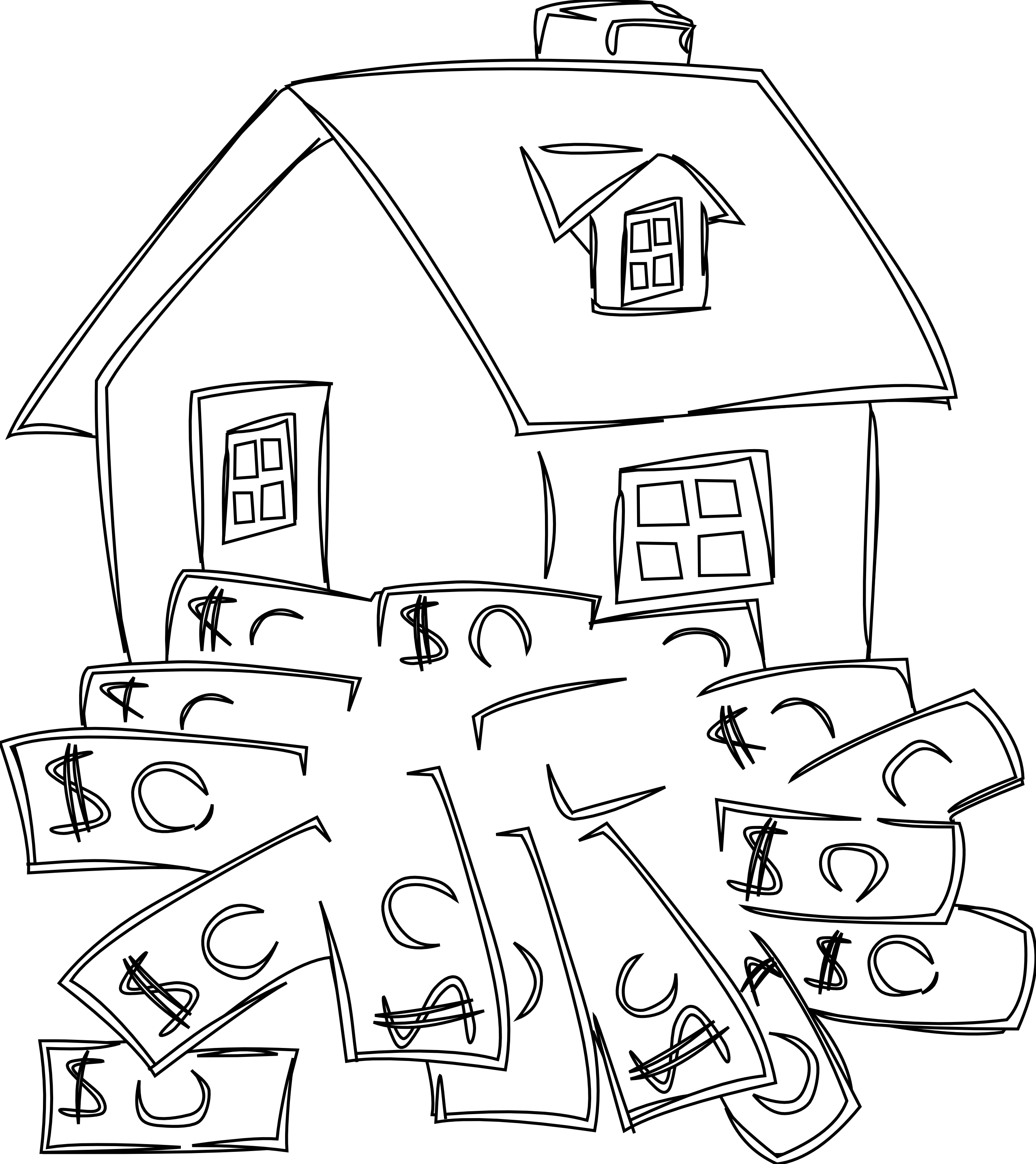 house sitting on a pile of money black white line ...