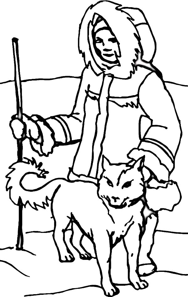 An Eskimo with Husky in the North Coloring Page: An Eskimo with