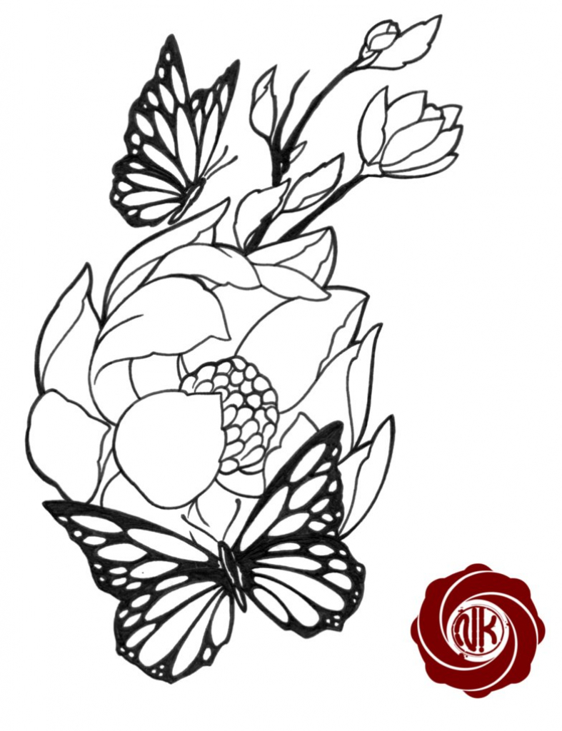 Flower With Butterfly Drawing - Drawing Art Library