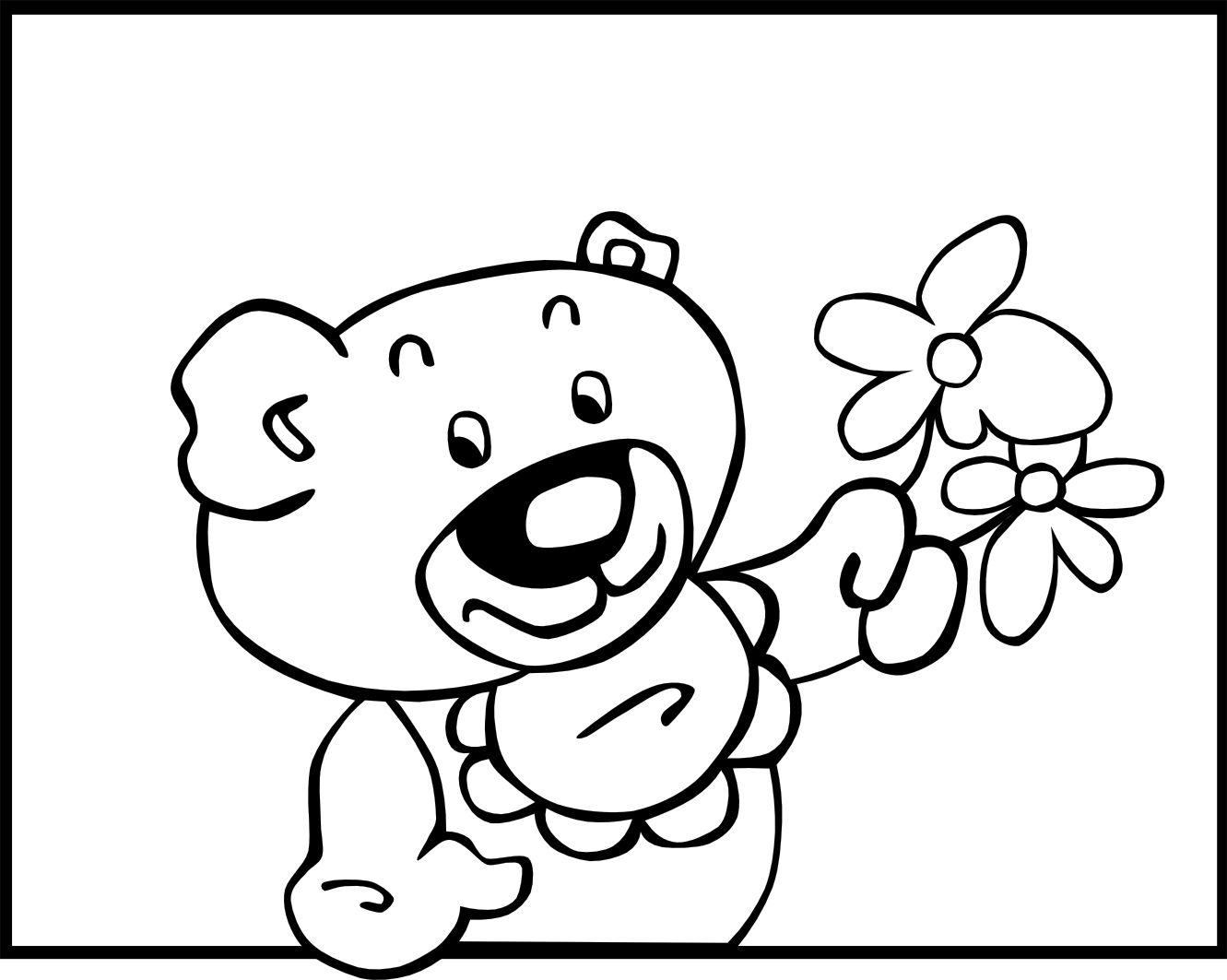 teddy bear with flowers 2 black white line art ...