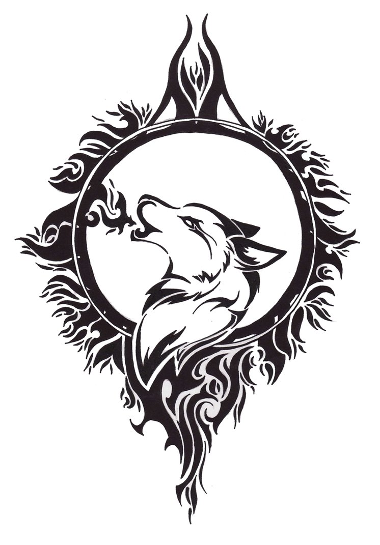 Tribal Moon And Wolf Head Tattoo Design