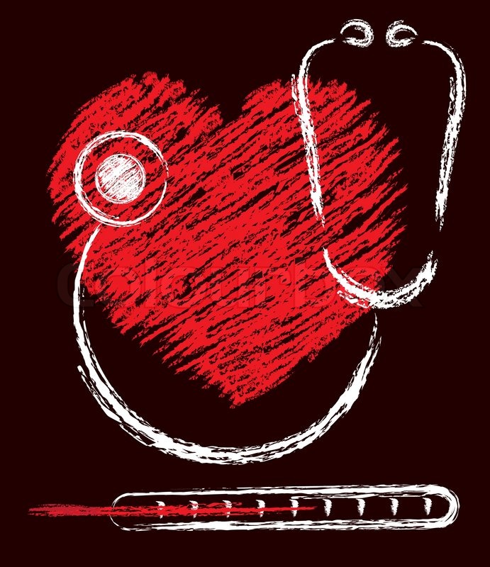 vector medical sketch of heart, stethoscope and thermometer
