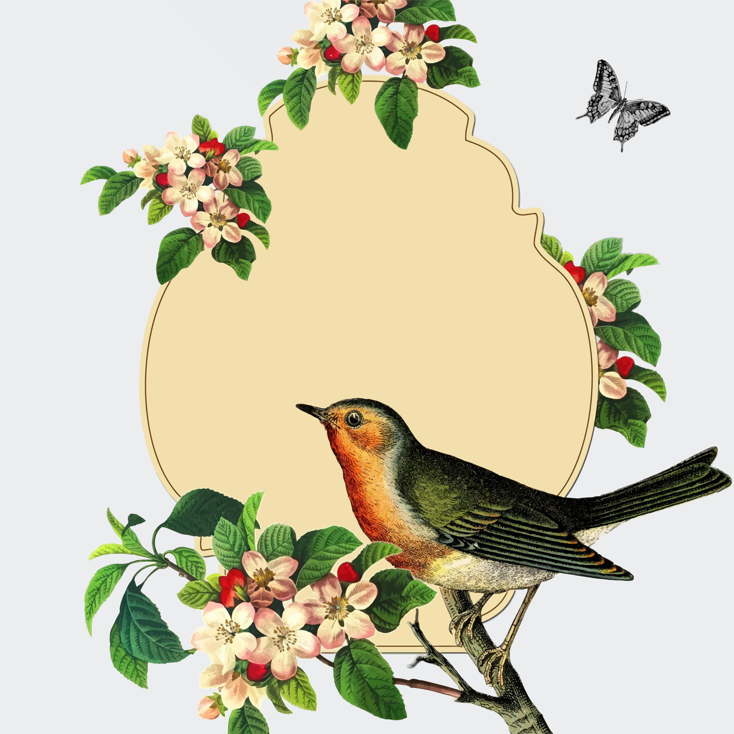 Clipart - Vintage Bird With Apple Blossom