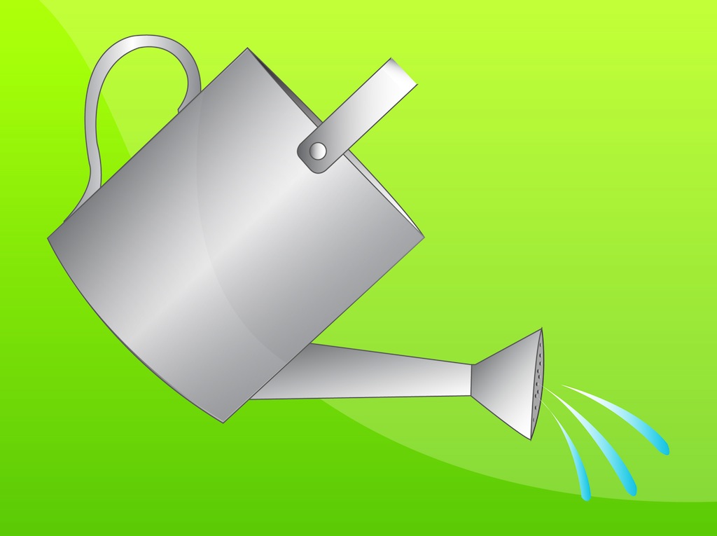 Gardening vector illustration of a metal watering can. Tilted object with water drops coming out of... Clip Art