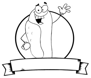 Hot Dog Clipart Image - Black and White Banner Under a Waving Hot Dog.