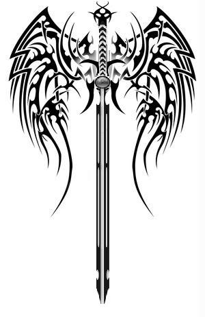 Tribal Wings And Sword Tattoo Design | Tattoobite.com