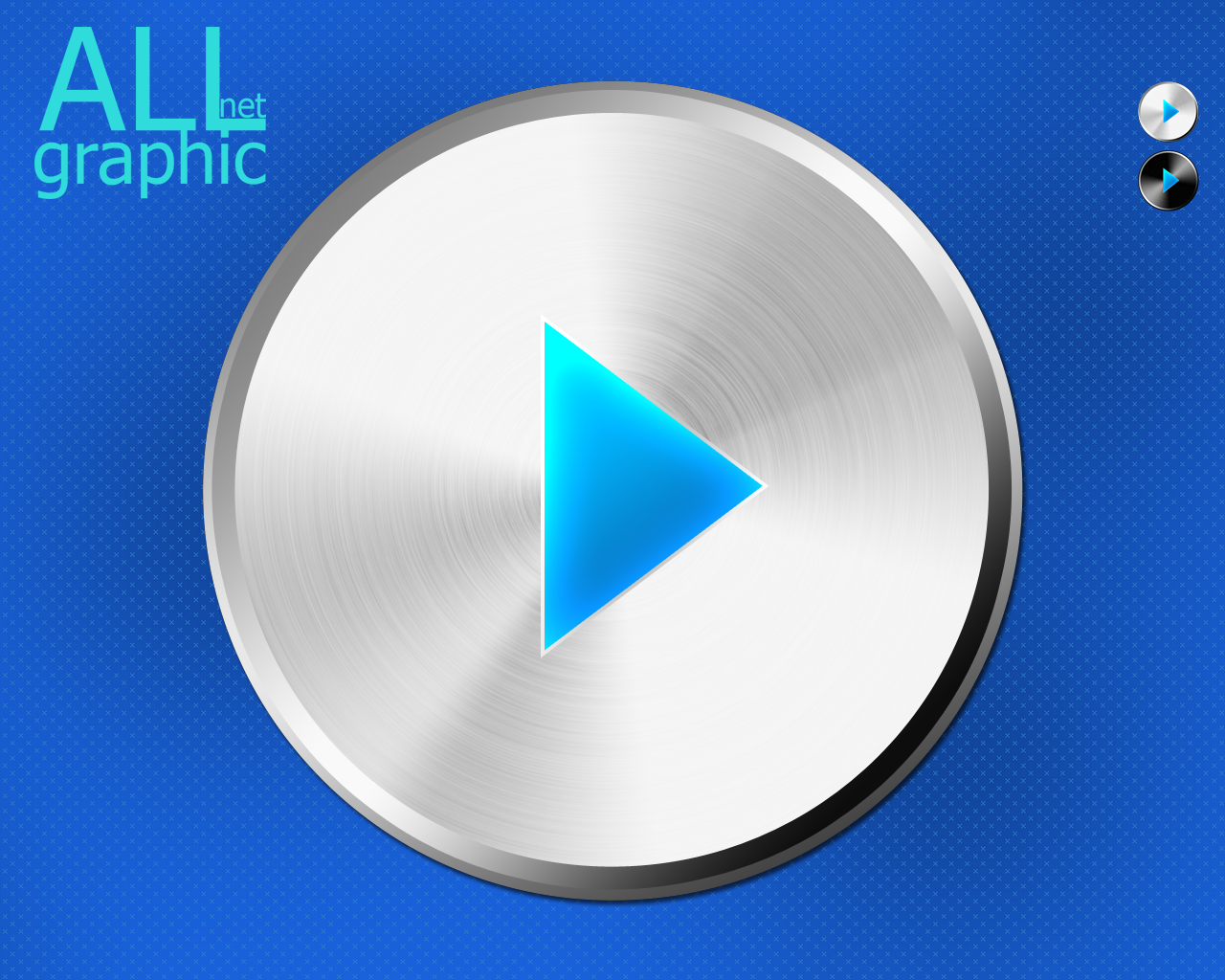 Large , round , light aluminum button "play" with a blue arrow - PSD (