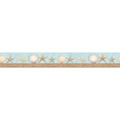 The Wallpaper Company 4.75 in. x 15 ft. Blue and Tan Seashell ...