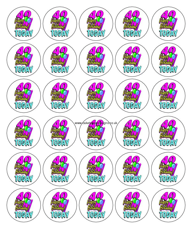 40th Birthday Edible Icing Cupcake Toppers