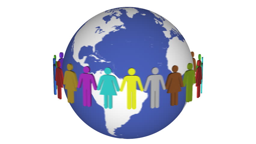 Colored 3d Men Around A Planet Globe Holding Hands Against A White ...