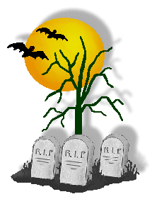 Halloween clip art of a tree scene graves and bats and moons