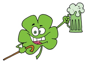 Irish Clipart Image - Smiling Shamrock Holding a Pint of Beer.