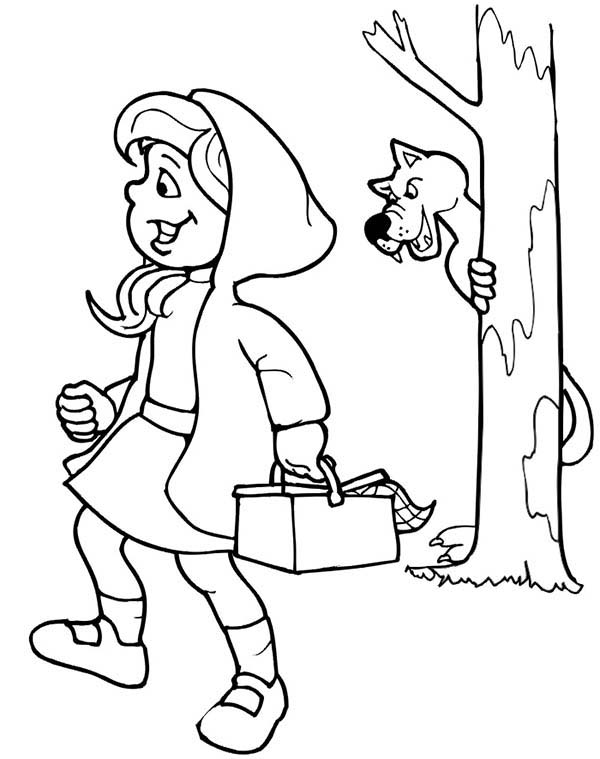 Wolf Hiding Behind Tree in Little Red Riding Hood Coloring Pages ...