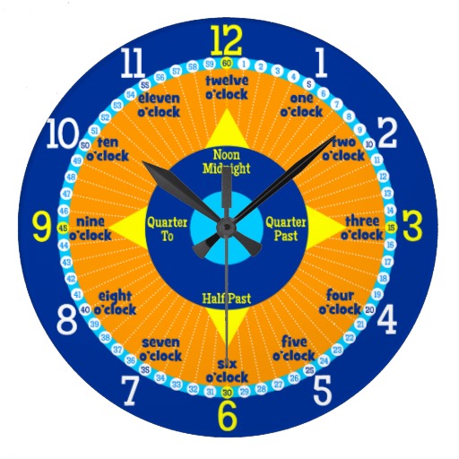 Kids learn to tell time yellow red wall clock from Zazzle.