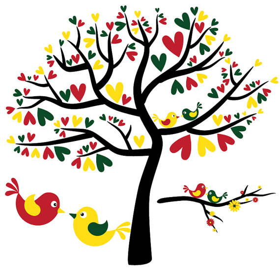 Love Birds in Dark Red Yellow Dark Green and Black by viveradesign