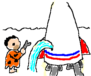 Prehistoric man investigates leak on rocket ship (drawing by ...