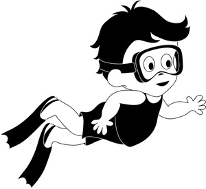 Swimming Clipart Image: Little Boy on Vacation with Snorkel Mask and Swim Fins Swimming Underwater