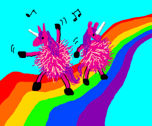Pink fluffy unicorns dancing on rainbows