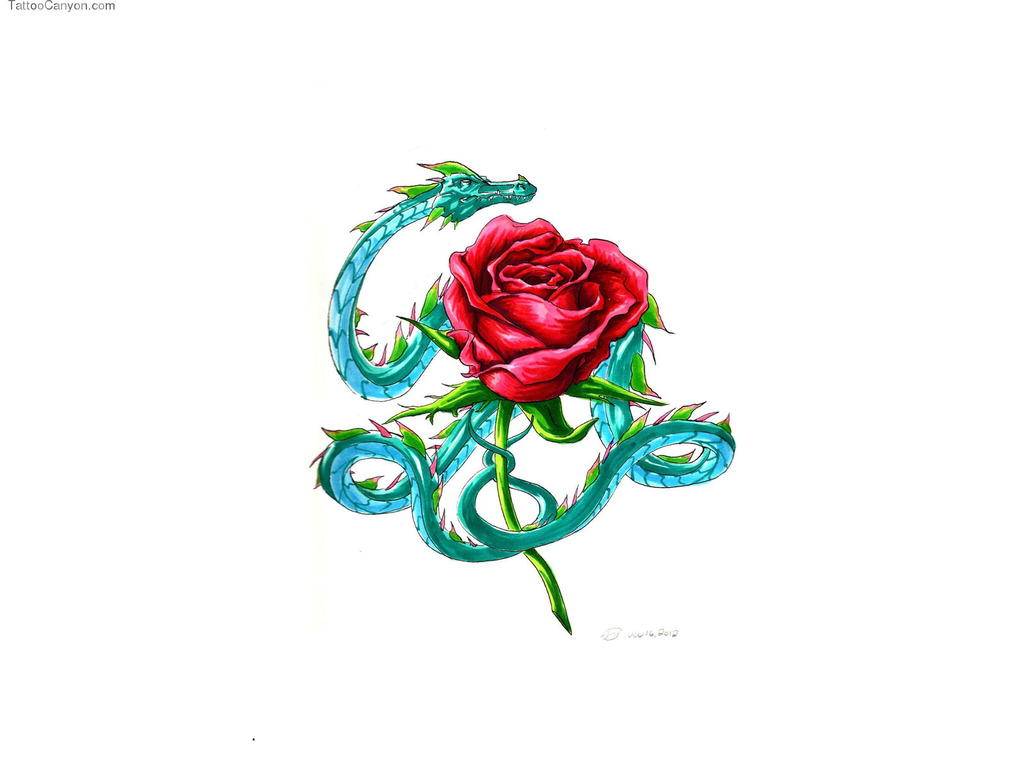 Free Designs Rose With Small Dragon Tattoo Wallpaper Picture #