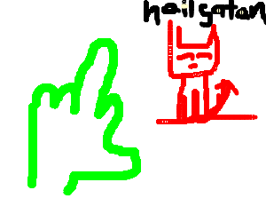 Disembodied hulk hand flipping off devil cat (drawing by Sommer)