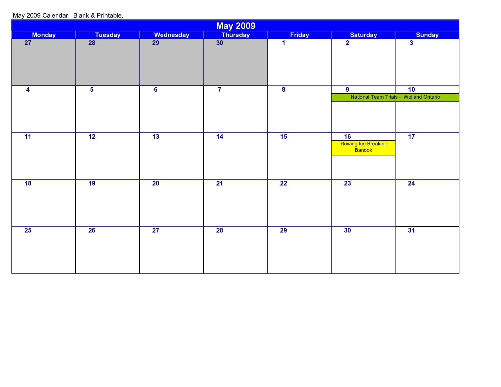 Blank Calendars Printable