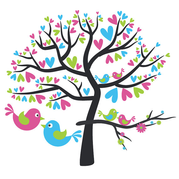 Love Birds in Blue Green and Pink Digital Clip by viveradesign