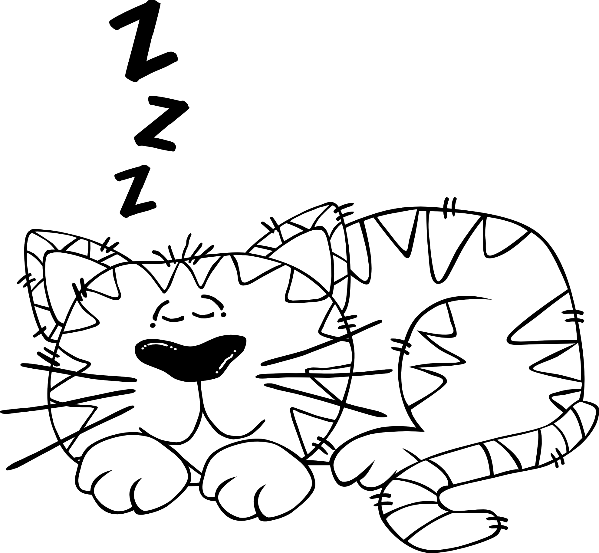 cartoon cat sleeping 2 black white line art ...