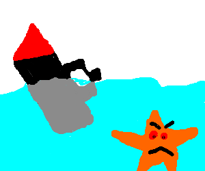 Angry starfish looking at shipwreck with oil (drawing by Benedict4182)