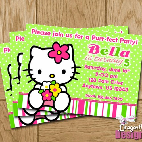 Hello Kitty Pink & Green Printable Birthday Invitations- DIGITAL ...