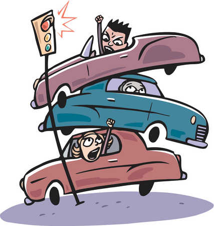 Stock Illustration - A pile up of cars at a traffic light stop