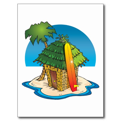 Cartoon Tiki Hut with Surfboard and Palm Post Card from Zazzle.