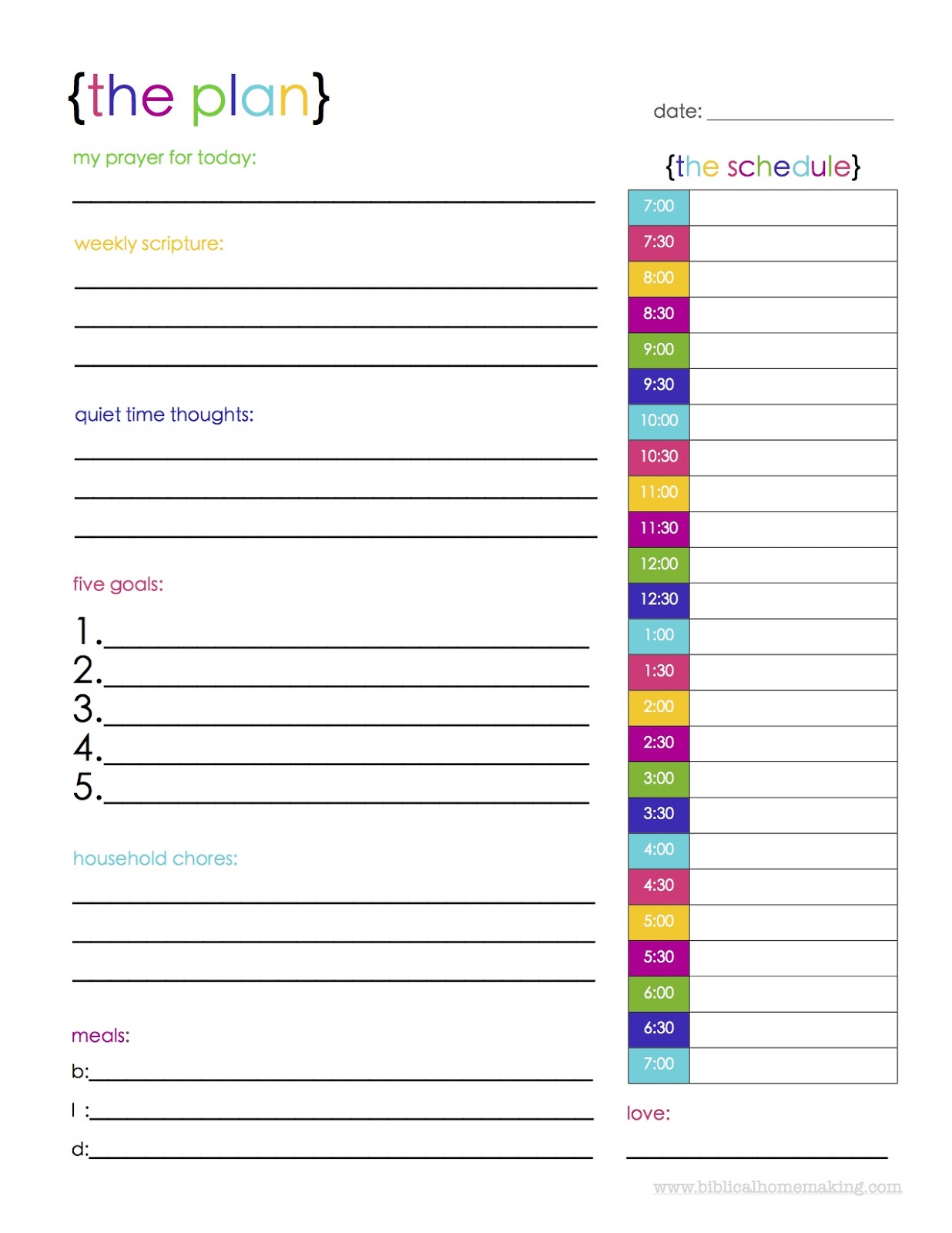 Biblical Homemaking: {the plan}: a colorful free daily planner ...