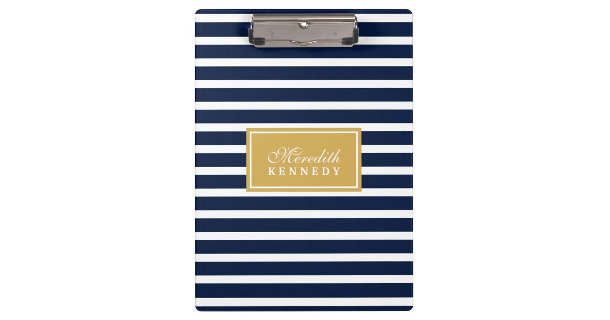 White Navy Stripe Pattern Gold Name Template Clipboard | Zazzle