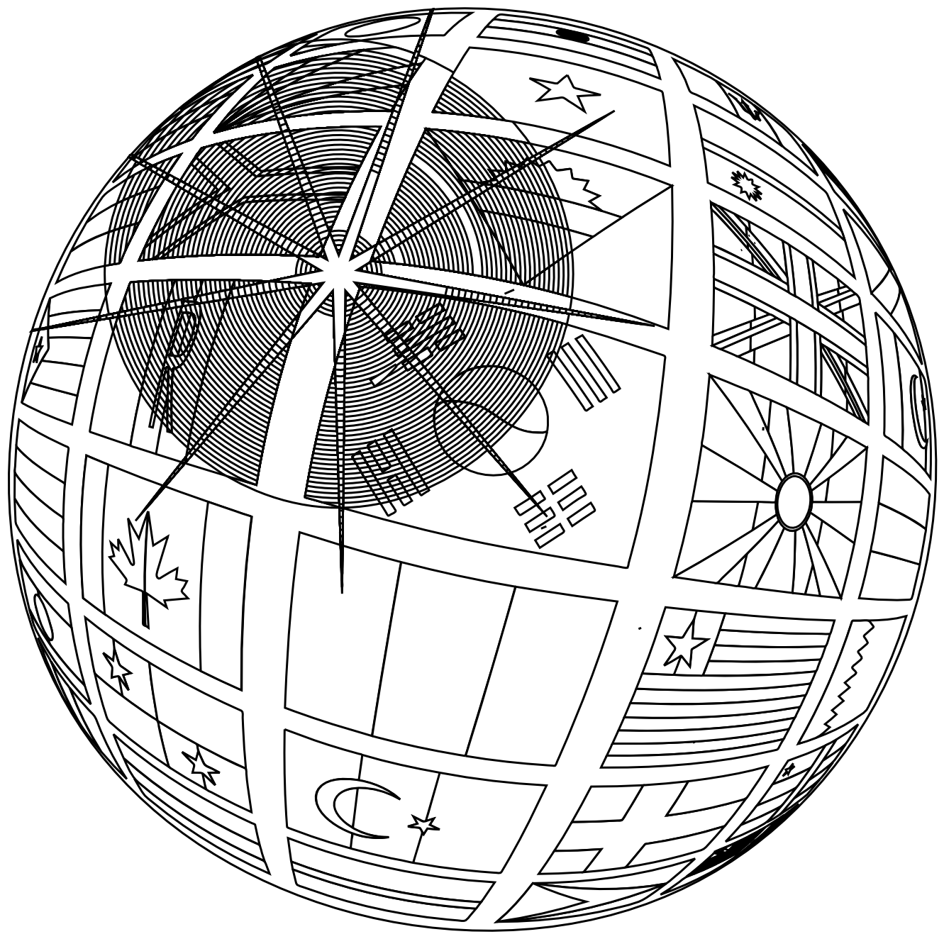 globe of flags 1 black white line art tattoo tatoo SVG