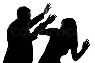 One couple man and woman whispering at ear in studio silhouette ...