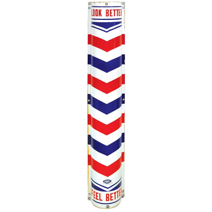 Barber Shop curved porcelain sign, red, white & blue "Look Better ...