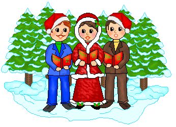 Christmas Clip Art - Carolers In Front of Snow Covered Pines