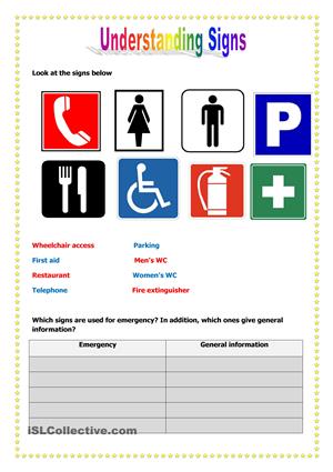 53 FREE ESL signs worksheets