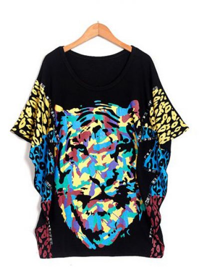 Black Round Neck Camo Tiger Print Short Doman Sleeve T Shirt ...